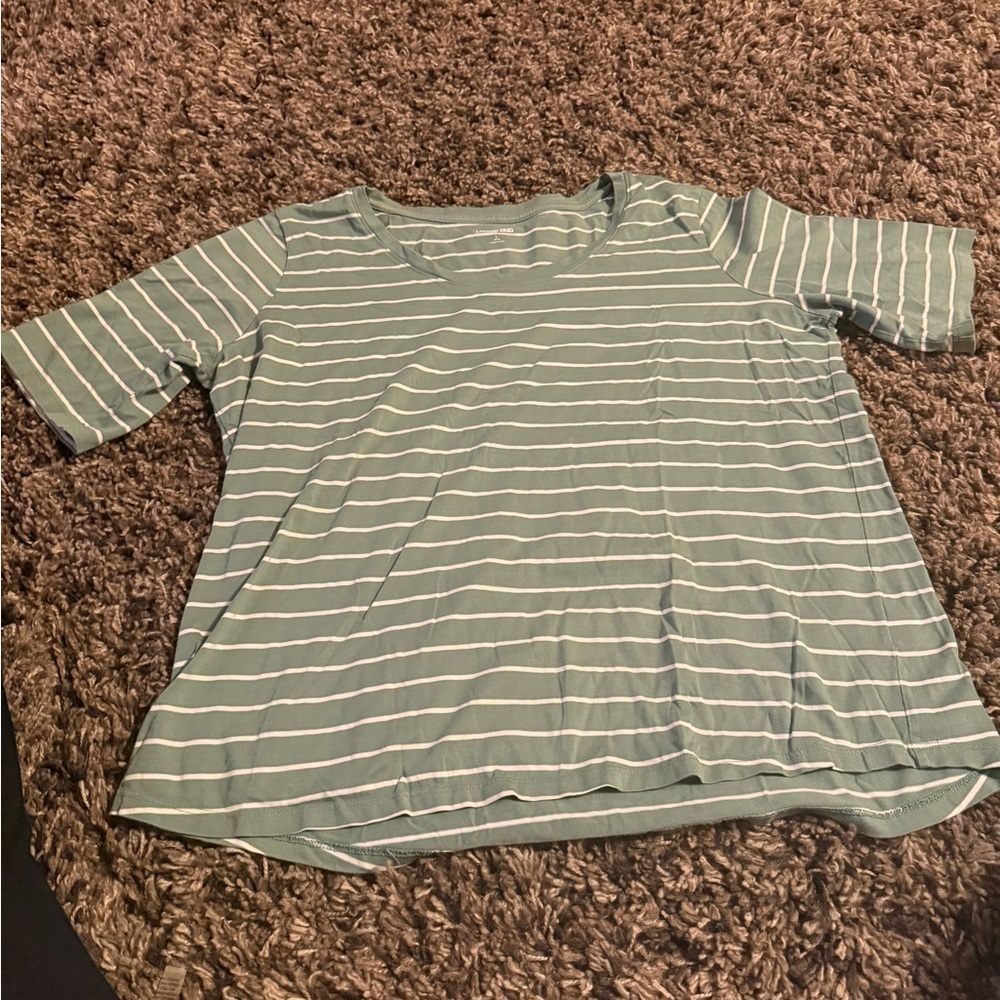 Lands' End Green and White Striped Short Sleeve Tee